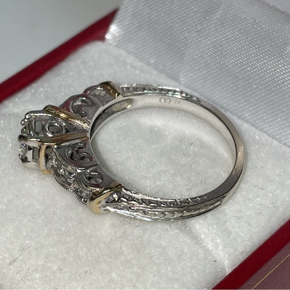 Solid 14K White Yellow Gold Natural Diamond Antique Engagement Ring - Picture 12 of 17